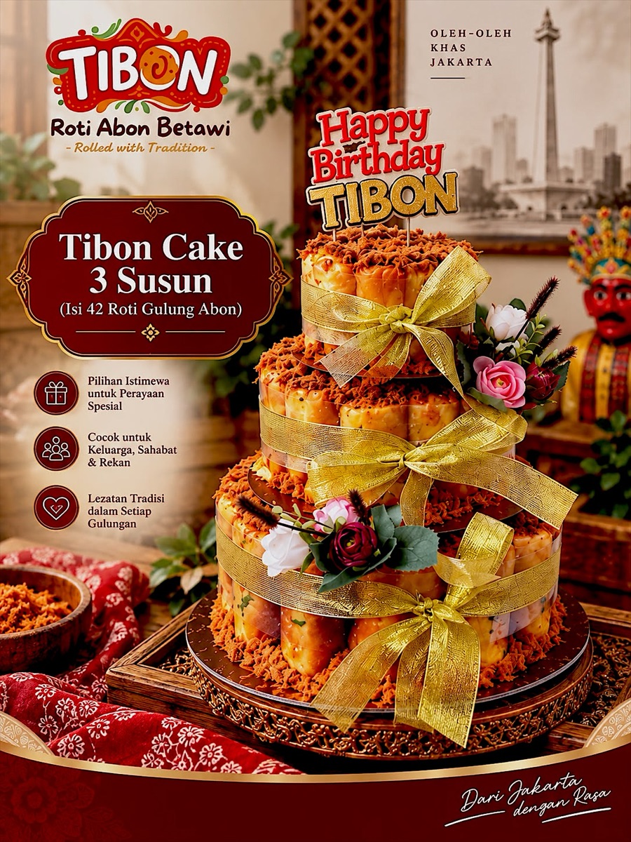 Poster Tibon Cake 3 Susun, kue ulang tahun roti abon isi 42 roti gulung abon