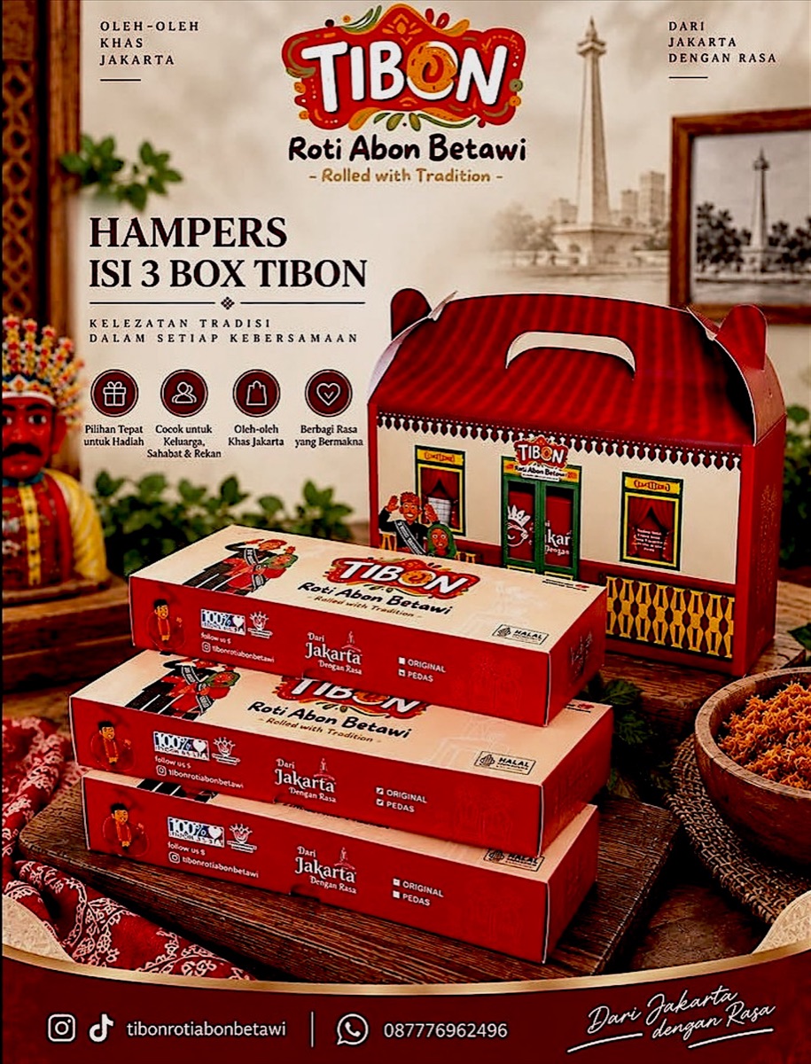 Hampers roti abon TIBON isi 3 box dalam kemasan rumah Betawi, oleh-oleh khas Jakarta