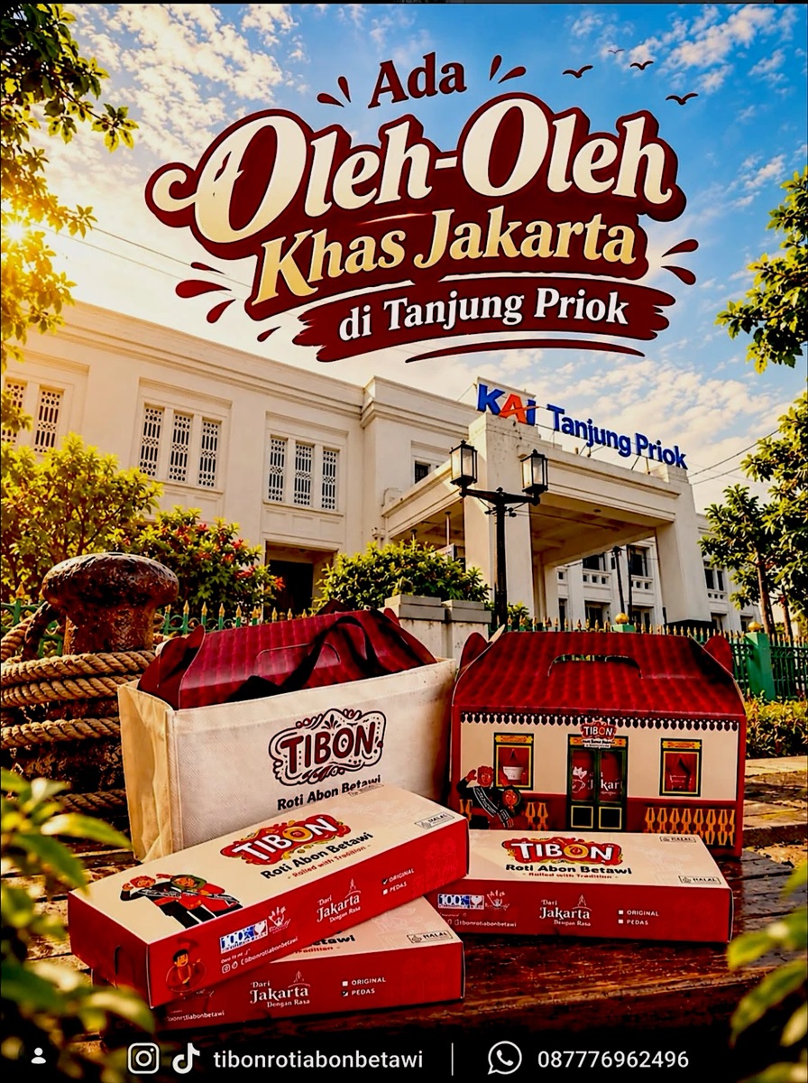 Poster TIBON oleh-oleh khas Jakarta di Tanjung Priok dengan box dan hampers roti abon