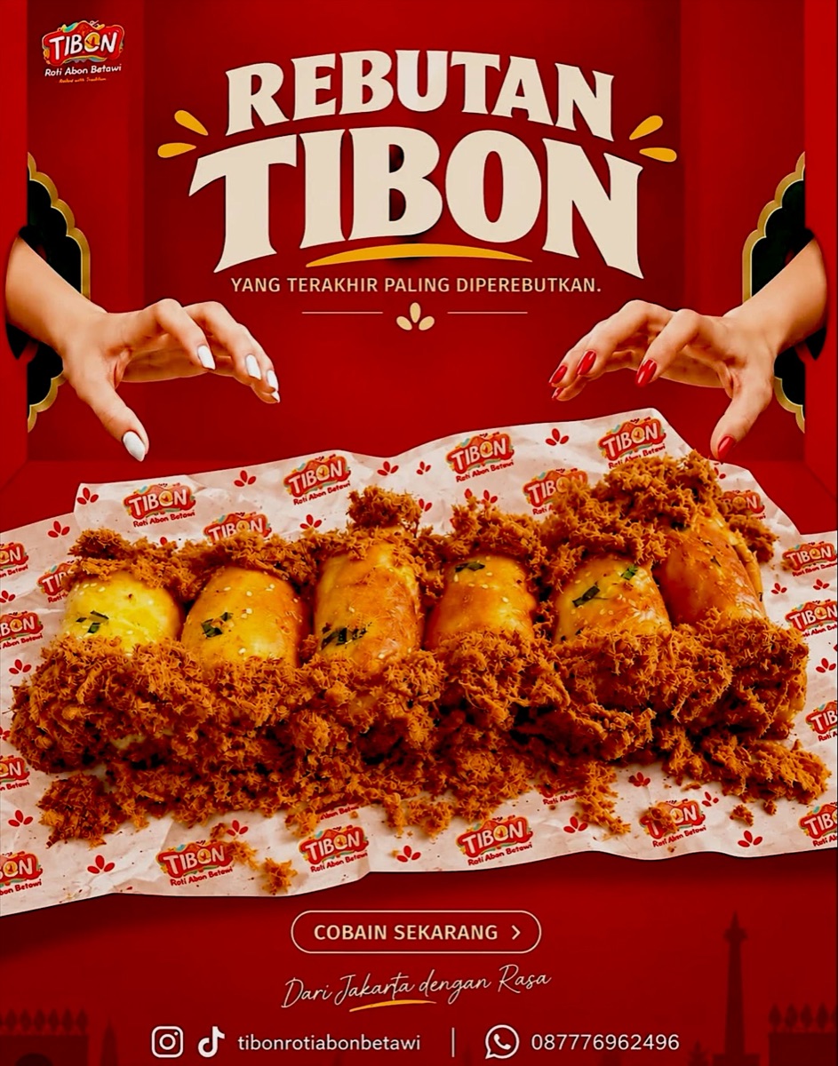 Poster Rebutan TIBON: dua tangan berebut enam roti gulung abon, yang terakhir paling diperebutkan
