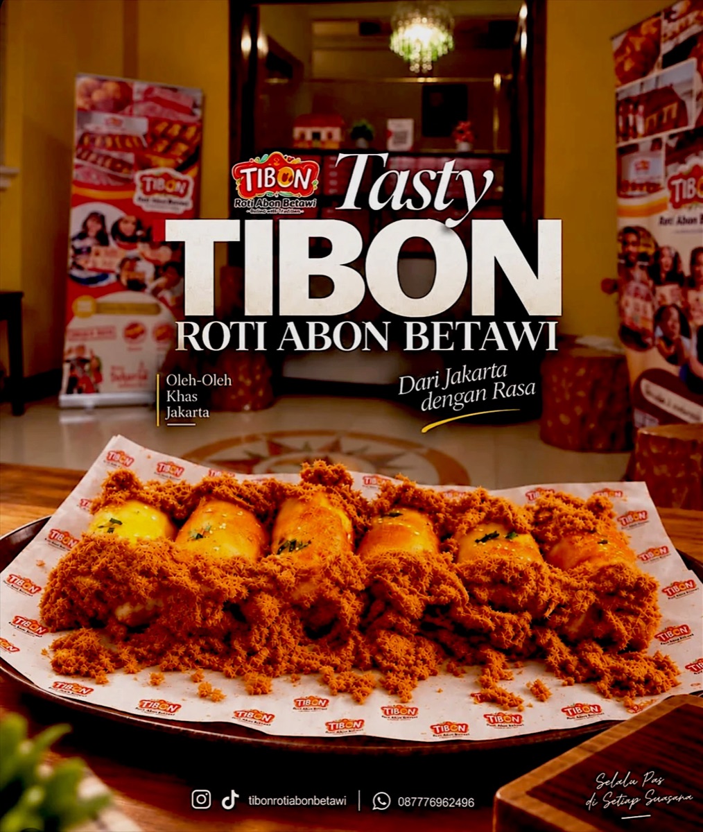 Poster Tasty TIBON Roti Abon Betawi: roti gulung abon tersaji di outlet TIBON
